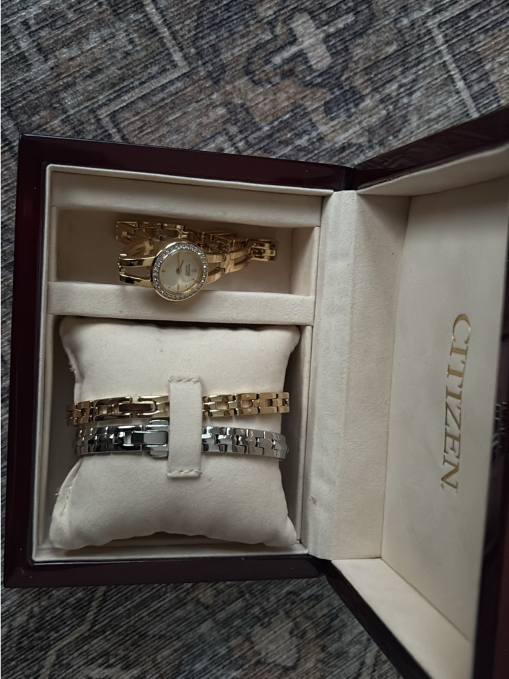 Citizen Women's Two-Tone Gold and Silver Bracelet Watch Set with Crystal Bezel